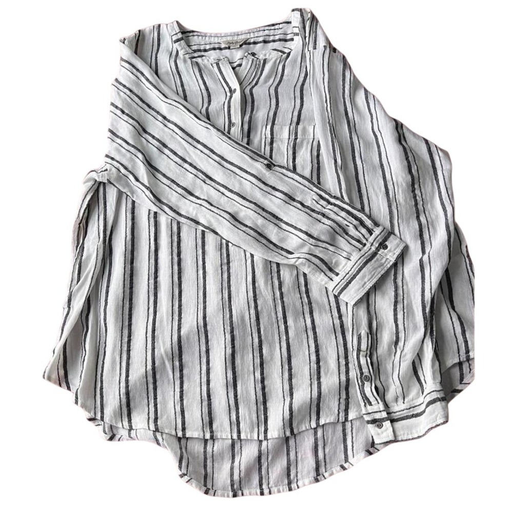 Lucky Brand Womens White Black Striped Henley Tunic Blouse 2XL XXL Lagenlook - Picture 1 of 7